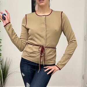 White + Warren Crew Neck Button-Up Cardigan Sweater Tie-Waist Size S Tan